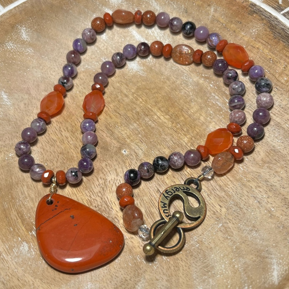 Energy Muse Strength Red Jasper, Carnelian, Sunstone & Charoite Beaded Necklace